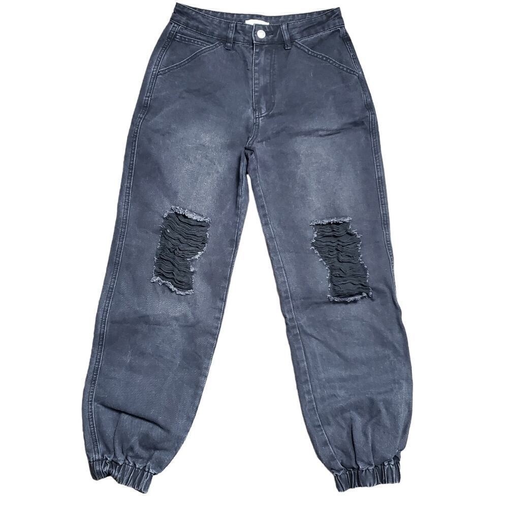 Forever 21 Women Stone Wash Black Jogger Frayed Distressed Denim Jeans Size 26